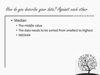 How do you describe your data? Against each other
 Median
• The middle value
• The data needs to be sorted from smallest to highest
• MEDIAN
 
