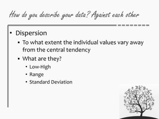 How do you describe your data? Against each other
• Dispersion
 To what extent the individual values vary away
from the central tendency
 What are they?
• Low-High
• Range
• Standard Deviation
 