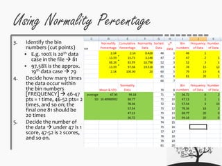 Using Normality Percentage
3. Identify the bin
numbers (cut points)
 E.g. 100% is 20th data
case in the file  81
 97.58% is the approx.
19th data case  79
4. Decide how many times
the data occur within
the bin numbers
[FREQUENCY]  46-47
pts = 1 time, 46-52 pts= 2
times, and so on; the
final one 81 should be
20 times
5. Decide the number of
the data  under 47 is 1
score, 47-52 is 2 scores,
and so on.
 