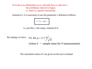 If we have no information on s, and only have a value for s -
the confidence interval is larger,
i.e. there is a greater uncertainty.
Instead of z, it is necessary to use the parameter t, defined as follows:
t = (x - m)/s
i.e. just like z, but using s instead of s.
By analogy we have: CL for
(where = sample mean for measurements)
m  
x ts
N
x N
The calculated values of t are given on the next overhead
 