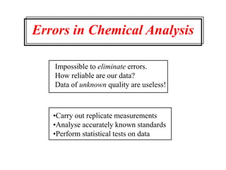Errors in Chemical Analysis
Impossible to eliminate errors.
How reliable are our data?
Data of unknown quality are useless!
•Carry out replicate measurements
•Analyse accurately known standards
•Perform statistical tests on data
 