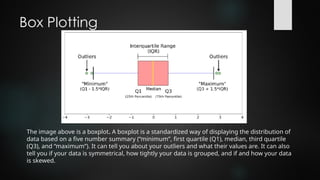 Box Plotting
The image above is a boxplot. A boxplot is a standardized way of displaying the distribution of
data based on a five number summary (“minimum”, first quartile (Q1), median, third quartile
(Q3), and “maximum”). It can tell you about your outliers and what their values are. It can also
tell you if your data is symmetrical, how tightly your data is grouped, and if and how your data
is skewed.
 
