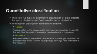 Quantitative classification
 There are two types of quantitative classification of data: Discrete
frequency distribution and Continuous frequency distribution.
 In this type of classification there are two elements
 variable
Variable refers to the characteristic that varies in magnitude or quantity.
E.g. weight of the students. A variable may be discrete or continuous.
 Frequency
Frequency refers to the number of times each variable gets repeated. For
example there are 50 students having weight of 60 kgs. Here 50 students is
the frequency.
 