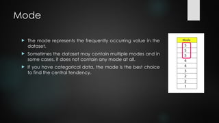 Mode
 The mode represents the frequently occurring value in the
dataset.
 Sometimes the dataset may contain multiple modes and in
some cases, it does not contain any mode at all.
 If you have categorical data, the mode is the best choice
to find the central tendency.
 