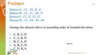 Problem
Dataset A: -12, -10, -8, -6
Dataset B: -12, -11, -10, -9
Dataset C: 12, 12, 12, 12
Dataset D: -12, -24, -36, -48
Arrange the datasets above in ascending order of standard deviation.
A. C, B, A, D
B. C, A, B, D
C. B, C, A, D
D. A, B, C, D
E. C, D, B, A
www.georgeprep.com
Ans: A
21
 