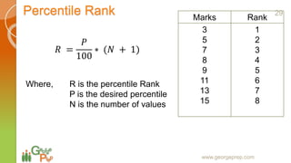 Percentile Rank
www.georgeprep.com
Marks Rank
3
5
7
8
9
11
13
15
1
2
3
4
5
6
7
8
𝑅 =
𝑃
100
∗ (𝑁 + 1)
Where, R is the percentile Rank
P is the desired percentile
N is the number of values
29
 