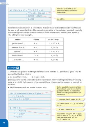 CHAPTER   1


                                                                                Write the probability as the
                d    P(6 Ͻ X р 10) ϭ P(X ϭ 7, 8, 9 or 10)                       difference of two cumulative
                                   ϭ P(X р 10) Ϫ P(X р 6)                       probabilities.

                                   ϭ 0.9703 Ϫ 0.5611
                                   ϭ 0.4092                                     Use tables.




              Sometimes questions are set in context and there are many different forms of words that can
              be used to ask for probabilities. The correct interpretation of these phrases is critical, especially
              when dealing with discrete distributions such as the Binomial and Poisson (see Chapter 2).
              The table gives some examples.

                       Phrase                   Means               To use tables …

                … greater than 5 …              XϾ5                   1 Ϫ P(X р 5)

               … no more than 3 …               Xр3                     P(X р 3)

                    … at least 7 …              Xу7                   1 Ϫ P(X р 6)

                … fewer than 10 …               X Ͻ 10                  P(X р 9)

                    … at most 8 …               Xр8                     P(X р 8)



              Example 9

              A spinner is designed so that the probability it lands on red is 0.3. Jane has 12 spins. Find the
              probability that Jane obtains
              a no more than 2 reds,         b at least 5 reds.
              Jane decides to use this spinner for a class competition. She wants the probability of winning a
              prize to be Ͻ0.05. Each member of the class will have 12 spins and the number of reds will be
              recorded.
              c Find how many reds are needed to win a prize.                   Define a suitable random variable.
                                                                                This makes it easier to rewrite the
                                                                                question in terms of probabilities
                Let X ϭ the number of reds in 12 spins.                         and it can help you determine the
                                                                                distribution.
                  X ~ B(12, 0.3)
                a P(X р 2) ϭ 0.2528                                             … no more than 2 means X р 2.

                                                                                Use tables with n ϭ 12, p ϭ 0.3 and
                                                                                x ϭ 2.
                b    P(X у 5)
                                                                                … at least 5 means X у 5.
                     ϭ 1 Ϫ P(X р 4)
                     ϭ 1 Ϫ 0.7237                                               Since tables only give P(X р x) you
                                                                                need to write as 1 Ϫ P(X р 4) and
                     ϭ 0.2763                                                   then use tables with n ϭ 12,
                                                                                p ϭ 0.3 and x ϭ 4.

  10
 