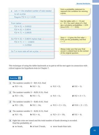 Binomial distribution


                                                                 Form a probability statement to
    c     Let r ϭ the smallest number of reds needed             represent the condition for winning
          to win a prize.                                        a prize.

          Require: P(X у r) Ͻ 0.05
                                                                 Use the tables with n ϭ 12 and
    From tables:                                                 p ϭ 0.3. You want values of x that
                                                                 give cumulative probabilities Ͼ 0.95
       P(X р 5) ϭ 0.8822                                         (since 0.95 ϭ 1 Ϫ 0.05).
       P(X р 6) ϭ 0.9614
       P(X р 7) ϭ 0.9905

                                                                 Since x ϭ 6 gives the first value Ͼ
    So: P(X р 6) ϭ 0.9614 implies that                           0.95 use this probability and find
        P(X у 7) ϭ 1 Ϫ 0.9614                                    r ϭ 7.

                 ϭ 0.0386
                                                                 Always make sure that your final
    So 7 or more reds will win a prize.                          answer is related back to the context
                                                                 of the original question.




This technique of using the tables backwards as in part c will be met again in connection with
critical regions for hypothesis tests in Chapter 7.




 Exercise 1C

1       The random variable X ~ B(9, 0.2). Find
        a P(X р 4),          b P(X Ͻ 3),              c P(X у 2),                d P(X ϭ 1).


2       The random variable X ~ B(20, 0.35). Find
        a P(X р 10),         b P(X Ͼ 7),              c P(X ϭ 5),                d P(2 р X р 7).


3       The random variable X ~ B(40, 0.45). Find
        a P(X Ͻ 20),         b P(X Ͼ 16),             c P(11 р X р 15),          d P(10 Ͻ X Ͻ 17).


4       The random variable X ~ B(30, 0.15). Find
        a P(X Ͼ 8),          b P(X р 4),              c P(2 р X Ͻ 10),           d P(X ϭ 4).


5       Eight fair coins are tossed and the total number of heads showing is recorded.
        Find the probability of
        a no heads,          b at least 2 heads,      c more heads than tails.

                                                                                                              11
 