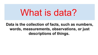 What is data?
Data is the collection of facts, such as numbers,
words, measurements, observations, or just
descriptions of things.
 