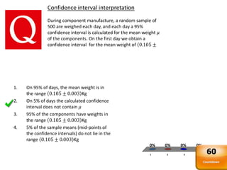 1 2 3 4
0% 0%0%0%
Confidence interval interpretation
During component manufacture, a random sample of
500 are weighed each day, and each day a 95%
confidence interval is calculated for the mean weight 𝜇
of the components. On the first day we obtain a
confidence interval for the mean weight of (0.105 ±
1. On 95% of days, the mean weight is in
the range 0.105 ± 0.003 Kg
2. On 5% of days the calculated confidence
interval does not contain 𝜇
3. 95% of the components have weights in
the range 0.105 ± 0.003 Kg
4. 5% of the sample means (mid-points of
the confidence intervals) do not lie in the
range 0.105 ± 0.003 Kg
Countdown
60
 