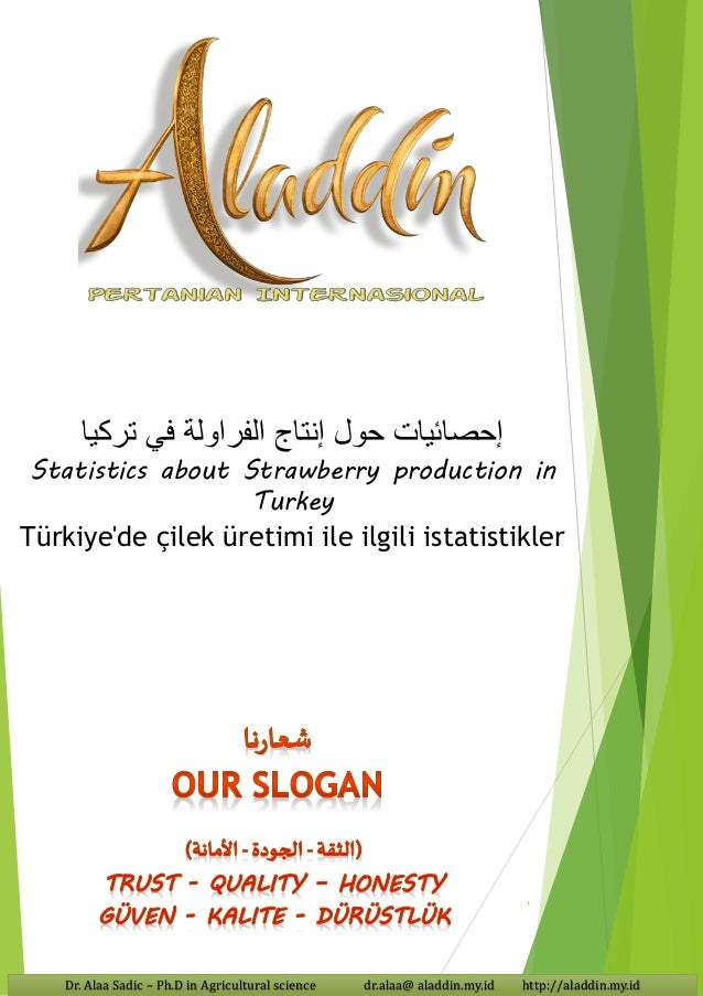 Dr. Alaa Sadic – Ph.D in Agricultural science dr.alaa@ aladdin.my.id http://aladdin.my.id
1
‫تركيا‬ ‫في‬ ‫الفراولة‬ ‫إنتاج‬ ‫حول‬ ‫إحصائيات‬
Statistics about Strawberry production in
Turkey
Türkiye'de çilek üretimi ile ilgili istatistikler
 