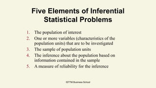 ISTTM Business School
Five Elements of Inferential
Statistical Problems
1. The population of interest
2. One or more variables (characteristics of the
population units) that are to be investigated
3. The sample of population units
4. The inference about the population based on
information contained in the sample
5. A measure of reliability for the inference
 