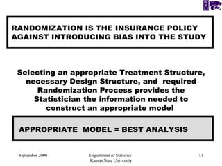 September 2000 Department of Statistics  Kansas State University RANDOMIZATION IS THE INSURANCE POLICY AGAINST INTRODUCING BIAS INTO THE STUDY Selecting an appropriate Treatment Structure, necessary Design Structure, and  required Randomization Process provides the Statistician the information needed to construct an appropriate model  APPROPRIATE  MODEL = BEST ANALYSIS 