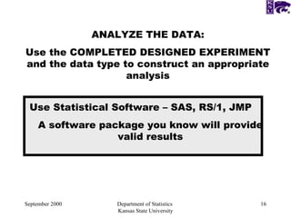 September 2000 Department of Statistics  Kansas State University ANALYZE THE DATA: Use the COMPLETED DESIGNED EXPERIMENT and the data type to construct an appropriate analysis Use Statistical Software – SAS, RS/1, JMP A software package you know will provide valid results 