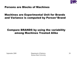 September 2000 Department of Statistics  Kansas State University Machines are Experimental Unit for Brands and Variance is computed by Person*Brand Persons are Blocks of Machines Compare BRANDS by using the variability among Machines Treated Alike 