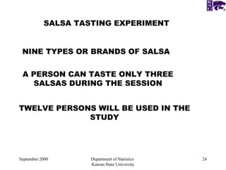 September 2000 Department of Statistics  Kansas State University SALSA TASTING EXPERIMENT NINE TYPES OR BRANDS OF SALSA A PERSON CAN TASTE ONLY THREE SALSAS DURING THE SESSION TWELVE PERSONS WILL BE USED IN THE STUDY 