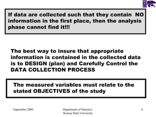 September 2000 Department of Statistics  Kansas State University If data are collected such that they contain  NO information in the first place, then the analysis phase cannot find it!!! The best way to insure that appropriate information is contained in the collected data is to DESIGN (plan) and Carefully Control the DATA COLLECTION PROCESS The measured variables must relate to the stated OBJECTIVES of the study 