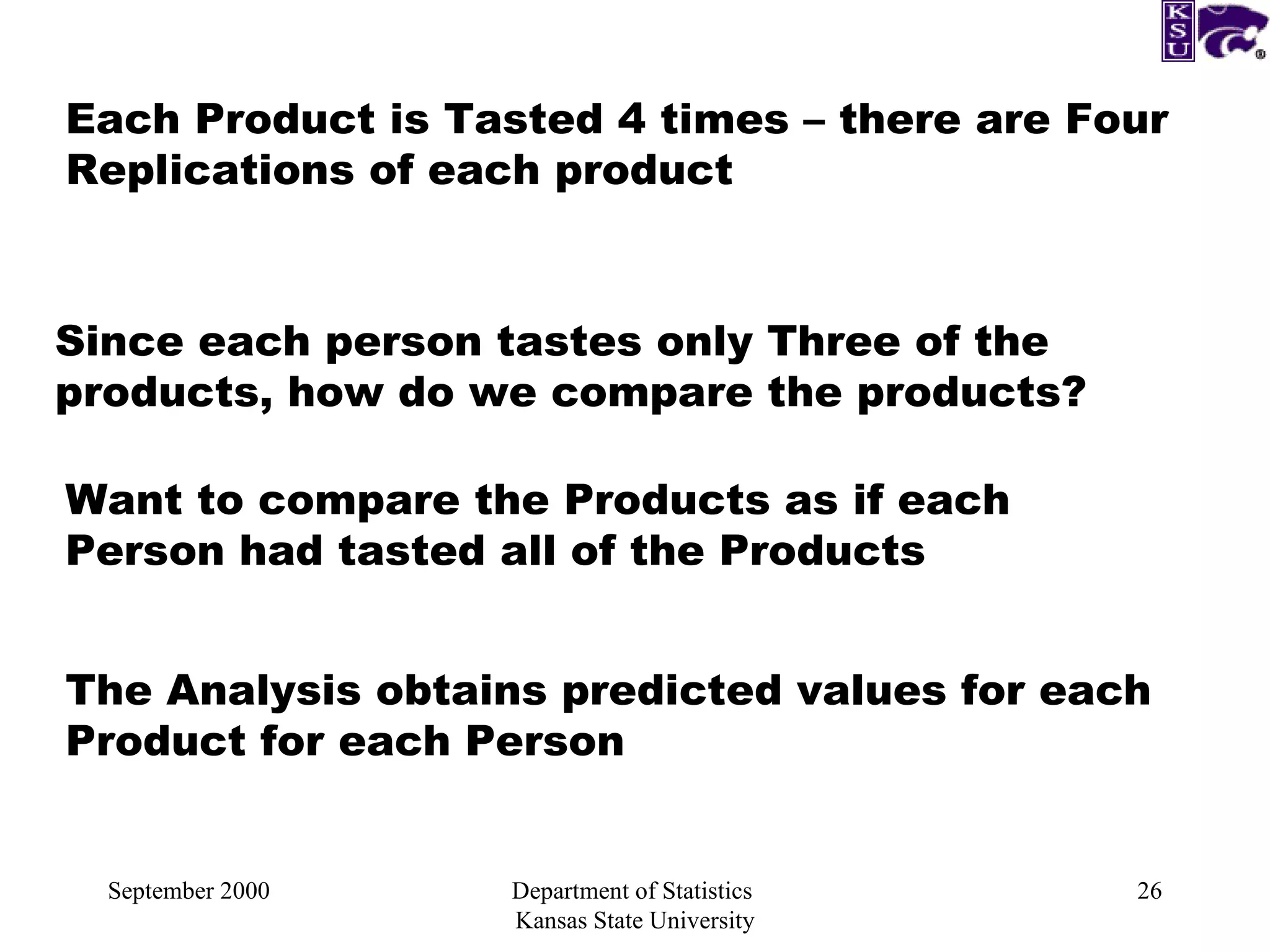 September 2000 Department of Statistics  Kansas State University Each Product is Tasted 4 times – there are Four Replications of each product Since each person tastes only Three of the products, how do we compare the products? The Analysis obtains predicted values for each Product for each Person Want to compare the Products as if each Person had tasted all of the Products 