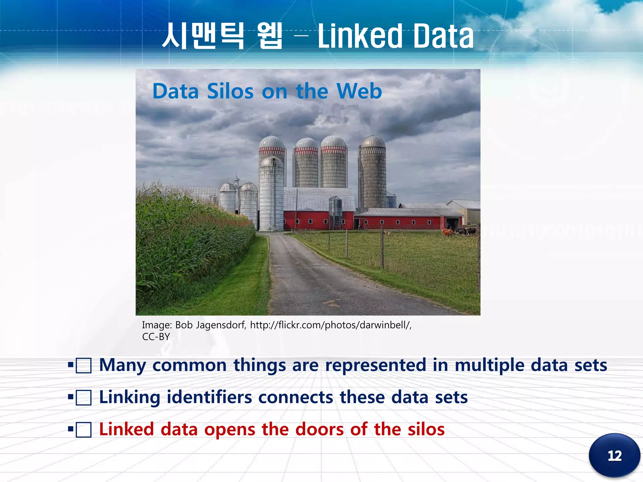 시맨틱 웹 – Linked Data
          Data Silos on the Web




        Image: Bob Jagensdorf, http://flickr.com/photos/darwinbell/,
        CC-BY


 Many common things are represented in multiple data sets
 Linking identifiers connects these data sets
 Linked data opens the doors of the silos
 