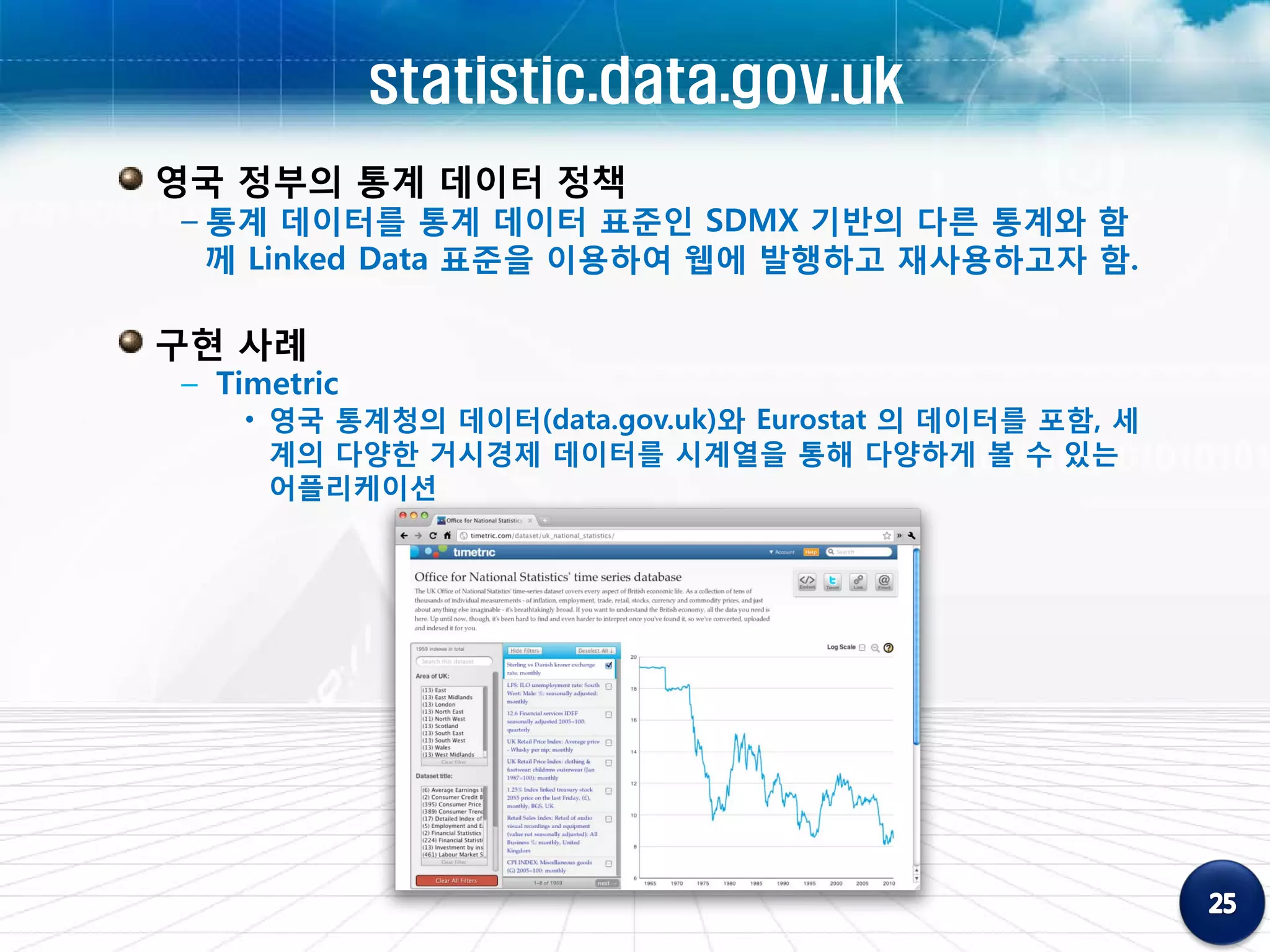 statistic.data.gov.uk
영국 정부의 통계 데이터 정책
– 통계 데이터를 통계 데이터 표준인 SDMX 기반의 다른 통계와 함
  께 Linked Data 표준을 이용하여 웹에 발행하고 재사용하고자 함.

구현 사례
– Timetric
    • 영국 통계청의 데이터(data.gov.uk)와 Eurostat 의 데이터를 포함, 세
      계의 다양한 거시경제 데이터를 시계열을 통해 다양하게 볼 수 있는
      어플리케이션
 