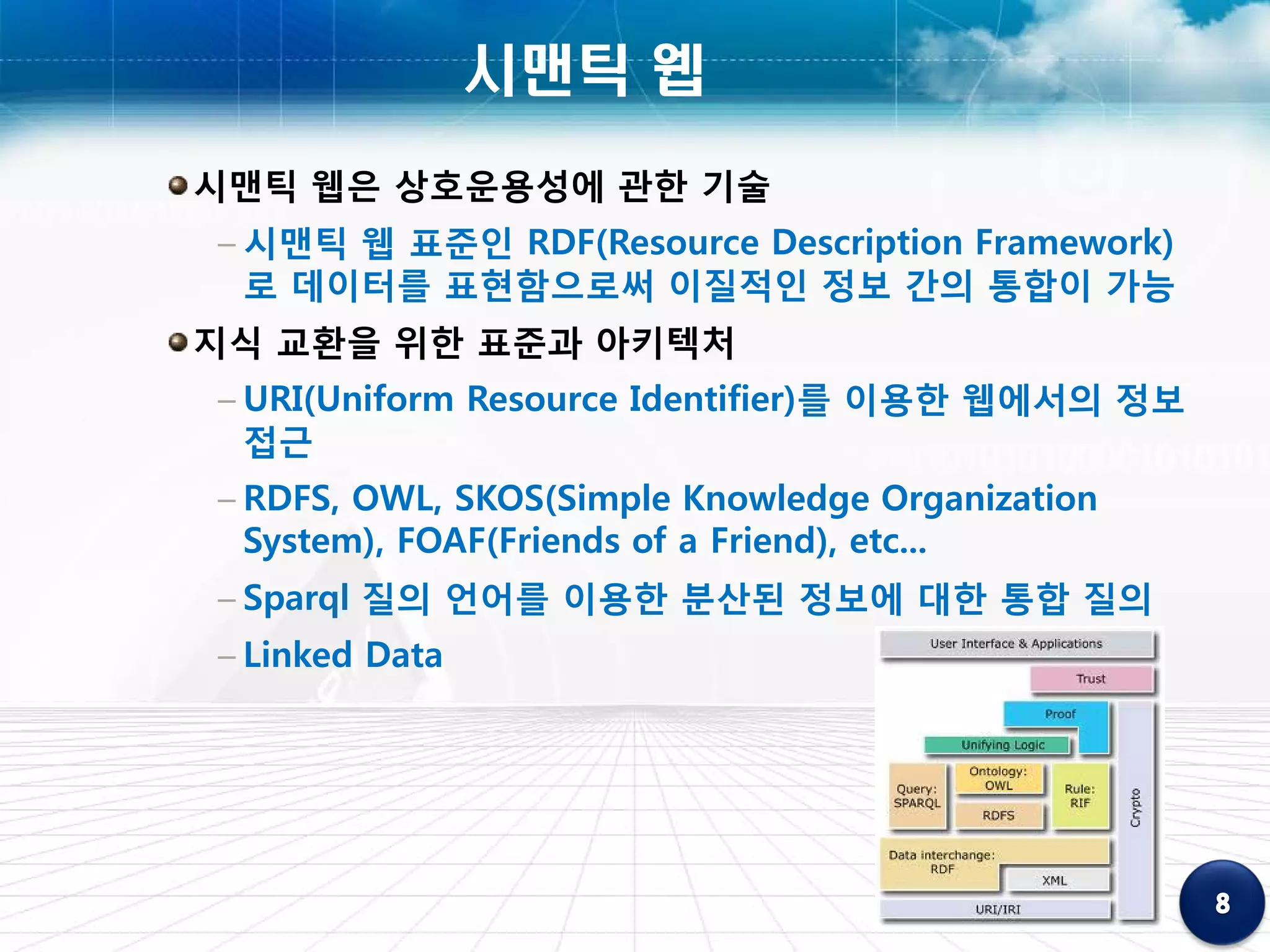 시맨틱 웹
시맨틱 웹은 상호운용성에 관한 기술
– 시맨틱 웹 표준인 RDF(Resource Description Framework)
  로 데이터를 표현함으로써 이질적인 정보 간의 통합이 가능
지식 교환을 위한 표준과 아키텍처
– URI(Uniform Resource Identifier)를 이용한 웹에서의 정보
  접근
– RDFS, OWL, SKOS(Simple Knowledge Organization
  System), FOAF(Friends of a Friend), etc...
– Sparql 질의 언어를 이용한 분산된 정보에 대한 통합 질의
– Linked Data
 