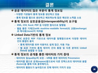결론
공공 데이터의 많은 부분이 통계 정보임
– 다양한 기관들이 통계 정보를 생산하고 있음
– 통계 정보를 웹으로 생산하고 배포하는데 많은 예산과 노력을 소요
통계 정보의 상호운용성(interoperability)이 요구됨
– XML, CSV, Excel, PDF 등 다양한 형식으로 발행됨
– 웹을 통한 기계간(with mashine-readable format)의 교환(exchange)
  과 재사용(reuse)이 어려움
Linked Data기반의 통계 정보
– W3C 표준인 RDF 기반으로 데이터를 발행함으로써 다양한 데이터
  간의 통합이 용이
  • 통계 데이터를 외부 이용자도 쉽게 접근, 이용 가능
  • 웹 표준 기반의 통계 데이터 간의 통합 및 다른 분야의 Linked
    Data와 융합할 수 있음
통계 정보의 공개를 통한 데이터의 가치 증대
– 데이터의 질(quality)적 보장 – URI를 통한 데이터의 Provenance
– 데이터를 웹으로 공개(expose)함으로써 다른 컨텍스트의 데이터와 융합
  (fusion)을 통해 더욱 풍부해지고,
– 데이터의 활용도가 높아짐으로 인해 데이터 가치가 상승
 