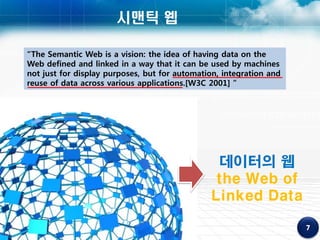 시맨틱 웹

 “The Semantic Web is a vision: the idea of having data on the
 Web defined and linked in a way that it can be used by machines
 not just for display purposes, but for automation, integration and
 reuse of data across various applications.[W3C 2001] ”




                                                 데이터의 웹
                                                 the Web of
                                                Linked Data

2010-12-07
 