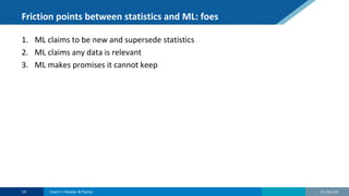 Friction points between statistics and ML: foes
1. ML claims to be new and supersede statistics
2. ML claims any data is relevant
3. ML makes promises it cannot keep
21-Oct-22
14 Insert > Header & footer
 