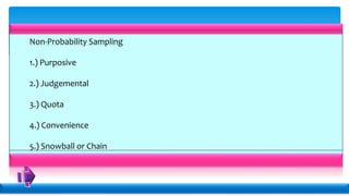 Non-Probability Sampling
1.) Purposive
2.) Judgemental
3.) Quota
4.) Convenience
5.) Snowball or Chain
 