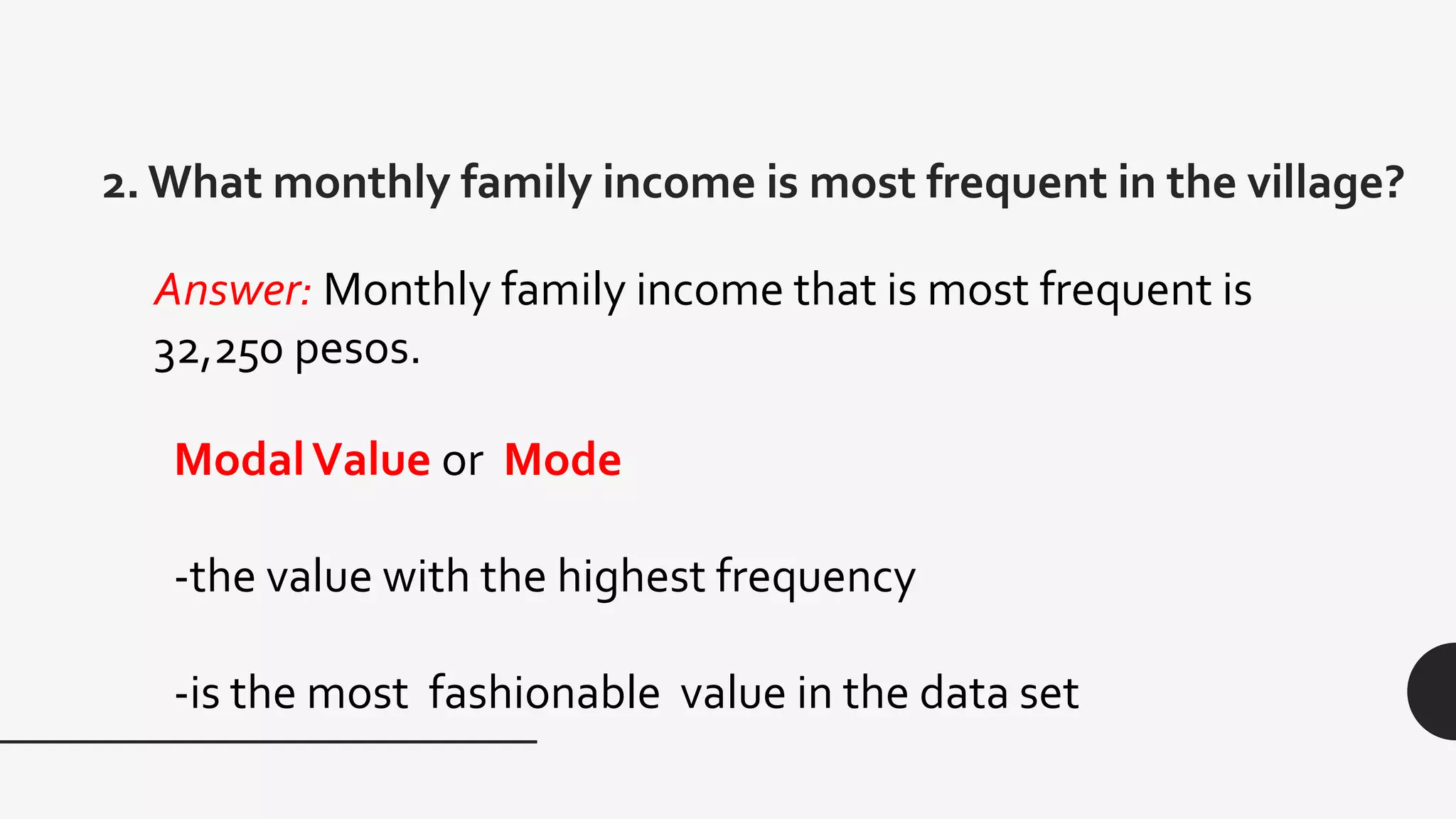 2. What monthly family income is most frequent in the village?
ModalValue or Mode
-the value with the highest frequency
-is the most fashionable value in the data set
Answer: Monthly family income that is most frequent is
32,250 pesos.
 