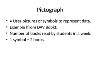 Pictograph
• • Uses pictures or symbols to represent data.
• Example (from DAV Book):
• Number of books read by students in a week.
• 1 symbol = 2 books.
 