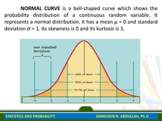 NORMAL CURVE is a bell-shaped curve which shows the
probability distribution of a continuous random variable. It
represents a normal distribution. It has a mean µ = 0 and standard
deviation ơ = 1. Its skewness is 0 and its kurtosis is 3.
STATISTICS AND PROBABILITY SAMSUDIN N. ABDULLAH, Ph.D.
 