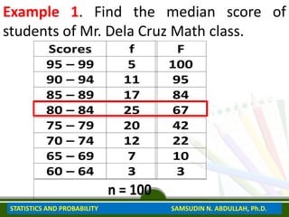 Example 1. Find the median score of
students of Mr. Dela Cruz Math class.
Scores f
95 – 99 5
90 – 94 11
85 – 89 17
80 – 84 25
75 – 79 20
70 – 74 12
65 – 69 7
60 – 64 3
F
100
95
84
67
42
22
10
3
n = 100
STATISTICS AND PROBABILITY SAMSUDIN N. ABDULLAH, Ph.D.
 