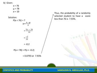 b) Given:
x = 76
μ = 78
σ = 10
Solution:
P(x < 76) = ?
z =
𝒙 − 𝝁
σ
=
76 − 78
10
=
−2
10
= -0.2
P(x < 78) = P(z < -0.2)
= 0.0793 or 7.93%
Thus, the probability of a randomly
selected student to have a score
less than 76 is 7.93%.
STATISTICS AND PROBABILITY SAMSUDIN N. ABDULLAH, Ph.D.
 