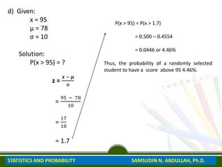 d) Given:
x = 95
μ = 78
σ = 10
Solution:
P(x > 95) = ?
z =
𝒙 − 𝝁
σ
=
95 − 78
10
=
17
10
= 1.7
P(x > 95) = P(x > 1.7)
= 0.500 – 0.4554
= 0.0446 or 4.46%
Thus, the probability of a randomly selected
student to have a score above 95 4.46%.
STATISTICS AND PROBABILITY SAMSUDIN N. ABDULLAH, Ph.D.
 