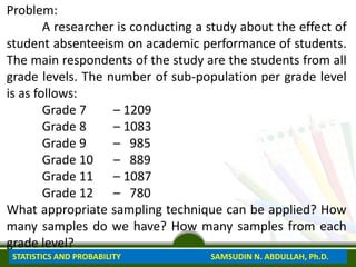 Problem:
A researcher is conducting a study about the effect of
student absenteeism on academic performance of students.
The main respondents of the study are the students from all
grade levels. The number of sub-population per grade level
is as follows:
Grade 7 – 1209
Grade 8 – 1083
Grade 9 – 985
Grade 10 – 889
Grade 11 – 1087
Grade 12 – 780
What appropriate sampling technique can be applied? How
many samples do we have? How many samples from each
grade level?
STATISTICS AND PROBABILITY SAMSUDIN N. ABDULLAH, Ph.D.
 