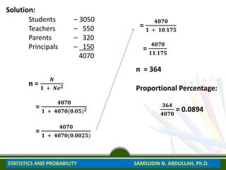 Solution:
Students – 3050
Teachers – 550
Parents – 320
Principals – 150
4070
n =
𝑵
𝟏 + 𝑵𝒆𝟐
=
𝟒𝟎𝟕𝟎
𝟏 + 𝟒𝟎𝟕𝟎(𝟎.𝟎𝟓)𝟐
=
𝟒𝟎𝟕𝟎
𝟏 + 𝟒𝟎𝟕𝟎(𝟎.𝟎𝟎𝟐𝟓)
=
𝟒𝟎𝟕𝟎
𝟏 + 𝟏𝟎.𝟏𝟕𝟓
=
𝟒𝟎𝟕𝟎
𝟏𝟏.𝟏𝟕𝟓
n = 364
Proportional Percentage:
𝟑𝟔𝟒
𝟒𝟎𝟕𝟎
= 0.0894
STATISTICS AND PROBABILITY SAMSUDIN N. ABDULLAH, Ph.D.
 