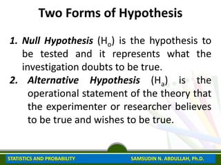 Two Forms of Hypothesis
1. Null Hypothesis (Ho) is the hypothesis to
be tested and it represents what the
investigation doubts to be true.
2. Alternative Hypothesis (Ha) is the
operational statement of the theory that
the experimenter or researcher believes
to be true and wishes to be true.
STATISTICS AND PROBABILITY SAMSUDIN N. ABDULLAH, Ph.D.
 