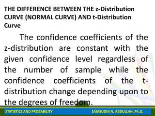 THE DIFFERENCE BETWEEN THE z-Distribution
CURVE (NORMAL CURVE) AND t-Distribution
Curve
The confidence coefficients of the
z-distribution are constant with the
given confidence level regardless of
the number of sample while the
confidence coefficients of the t-
distribution change depending upon to
the degrees of freedom.
STATISTICS AND PROBABILITY SAMSUDIN N. ABDULLAH, Ph.D.
 