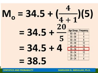 Mo = 34.5 + (
𝟒
𝟒 + 𝟏
)(5)
= 34.5 +
𝟐𝟎
𝟓
= 34.5 + 4
= 38.5
STATISTICS AND PROBABILITY SAMSUDIN N. ABDULLAH, Ph.D.
 