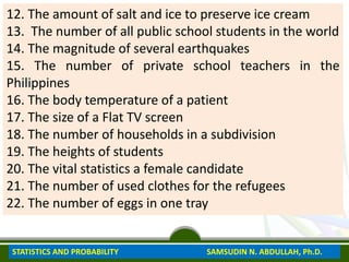 12. The amount of salt and ice to preserve ice cream
13. The number of all public school students in the world
14. The magnitude of several earthquakes
15. The number of private school teachers in the
Philippines
16. The body temperature of a patient
17. The size of a Flat TV screen
18. The number of households in a subdivision
19. The heights of students
20. The vital statistics a female candidate
21. The number of used clothes for the refugees
22. The number of eggs in one tray
STATISTICS AND PROBABILITY SAMSUDIN N. ABDULLAH, Ph.D.
 
