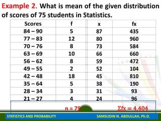 Example 2. What is mean of the given distribution
of scores of 75 students in Statistics.
n = 75 Ʃfx = 4,404
Scores f
84 – 90 5
77 – 83 12
70 – 76 8
63 – 69 10
56 – 62 8
49 – 55 2
42 – 48 18
35 – 64 5
28 – 34 3
21 – 27 4
x fx
87 435
80 960
73 584
66 660
59 472
52 104
45 810
38 190
31 93
24 96
STATISTICS AND PROBABILITY SAMSUDIN N. ABDULLAH, Ph.D.
 
