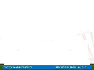 8. Rolling Two Dice and Two Coins Simultaneously
n(S) = 6²(2²) = 36(4) = 144
9. Rolling a Die and Tossing Three Coins Simultaneously
n(S) = 6¹(2³) = (6)(8) = 48
10. Rolling Three Dice and Tossing Three Coins
n(S) = (6³)(2³) = (216)(8) = 1,728
11. Drawing a Standard Deck of Cards
n(S) = 52
12. Drawing Three Balls from a Box Containing Ten Balls
n(S) = ₁₀C₃ =
10!
3!7!
=
10(9)(8)(7!)
(3)(2)(1)(7!)
=
720
6
= 120
13. Drawing Four Marbles from an Urn Containing 15 Marbles
n(S) = ₁₅C₄ =
15!
4!11!
=
15(14)(13)(12)(11!)
(4)(3)(2)(1)(11!)
=
32,760
24
= 1,365
14. Drawing Two Apples from a Basket Containing 8 Apples
n(S) = ₈C₂ =
𝟖!
𝟐!𝟔!
=
(𝟖)(𝟕)(𝟔!)
(𝟐)(𝟏)(𝟔!)
=
𝟓𝟔
𝟐
= 28
STATISTICS AND PROBABILITY SAMSUDIN N. ABDULLAH, Ph.D.
 