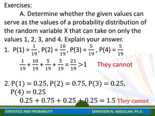 Exercises:
A. Determine whether the given values can
serve as the values of a probability distribution of
the random variable X that can take on only the
values 1, 2, 3, and 4. Explain your answer.
1. P(1) =
1
19
, P(2) =
10
19
, P(3) =
5
19
, P(4) =
5
19
1
19
+
10
19
+
5
19
+
5
19
=
21
19
>1 They cannot
2. P(1) = 0.25, P(2) = 0.75, P(3) = 0.25,
P(4) = 0.25
0.25 + 0.75 + 0.25 + 0.25 = 1.5 They cannot
STATISTICS AND PROBABILITY SAMSUDIN N. ABDULLAH, Ph.D.
 