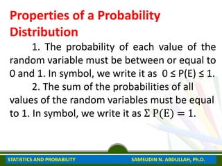 Properties of a Probability
Distribution
1. The probability of each value of the
random variable must be between or equal to
0 and 1. In symbol, we write it as 0 ≤ P(E) ≤ 1.
2. The sum of the probabilities of all
values of the random variables must be equal
to 1. In symbol, we write it as Ʃ P(E) = 1.
STATISTICS AND PROBABILITY SAMSUDIN N. ABDULLAH, Ph.D.
 