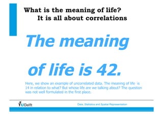 Data, Statistics and Spatial Representation
What is the meaning of life?
It is all about correlations
The meaning
of life is 42.
Here, we show an example of uncorrelated data. The meaning of life is
14 in relation to what? But whose life are we talking about? The question
was not well formulated in the first place.
 