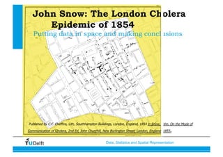 Data, Statistics and Spatial Representation
John Snow: The London Cholera
Epidemic of 1854
Published by C.F. Cheffins, Lith, Southhampton Buildings, London, England, 1854 in Snow, John. On the Mode of
Communication of Cholera, 2nd Ed, John Churchill, New Burlington Street, London, England, 1855.
Putting data in space and making conclusions
 