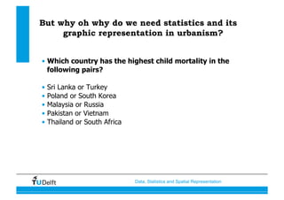 Data, Statistics and Spatial Representation
But why oh why do we need statistics and its
graphic representation in urbanism?
•  Which country has the highest child mortality in the
following pairs?
•  Sri Lanka or Turkey
•  Poland or South Korea
•  Malaysia or Russia
•  Pakistan or Vietnam
•  Thailand or South Africa
 