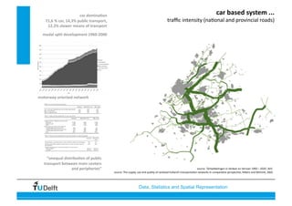 Data, Statistics and Spatial Representation
environmental balance car domina4on 
71,6 % car, 14,3% public transport, 
12,2% slower means of transport  
modal split development 1960‐2000 
car based system ... 
traﬃc intensity (na4onal and provincial roads) 
motorway oriented network 
“unequal distribu4on of public 
transport between main centers  
and peripheries”   source: ‘Ontwikkelingen in Verkeer en Vervoer 1990 – 2020’, AVV 
source: The supply, use and quality of randstad holland’s transporta4on networks in compara4ve perspec4ve, Hilbers and Wilmink, 2002 
 