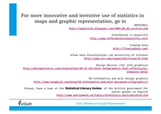 Data, Statistics and Spatial Representation
MAPSCROLL 
http://mapscroll.blogspot.com/2009_06_01_archive.htm 
Information is beautiful 
http://www.informationisbeautiful.net/ 
Flowing Data 
http://flowingdata.com/ 
Urban Data Visualization Lab University of Illinois 
http://www.uic.edu/cuppa/udv/research.html 
Design Reviver (for info graphics) 
http://designreviver.com/inspiration/30‐of‐the‐best‐infographics‐that‐effectively‐
showcase‐data/ 
50 informative and well design graphics 
http://www.hongkiat.com/blog/50‐informative‐and‐well‐designed‐infographics/ 
Please, have a look at the Statistical Literacy Guides  of the British government for 
useful guides in English 
http://www.parliament.uk/topics/Statistics‐policyArchive.htm 
For more innovative and inventive use of statistics in
maps and graphic representation, go to
 